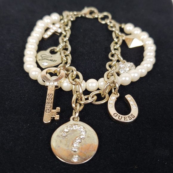 Guess Jewelry - Guess Double Strand Pearl Charm Bracelet Crystals